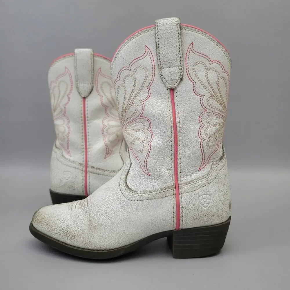 Kids Girls Ariat Boots Heritage Western Butterfly White Pink Size 12.5 Toddler